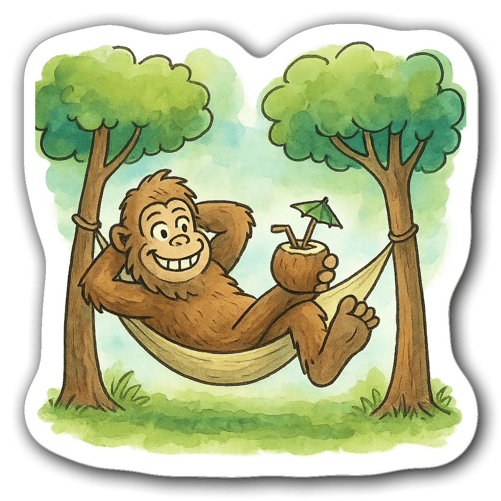 Cartoon Bigfoot in a hammock sipping a drink in nature