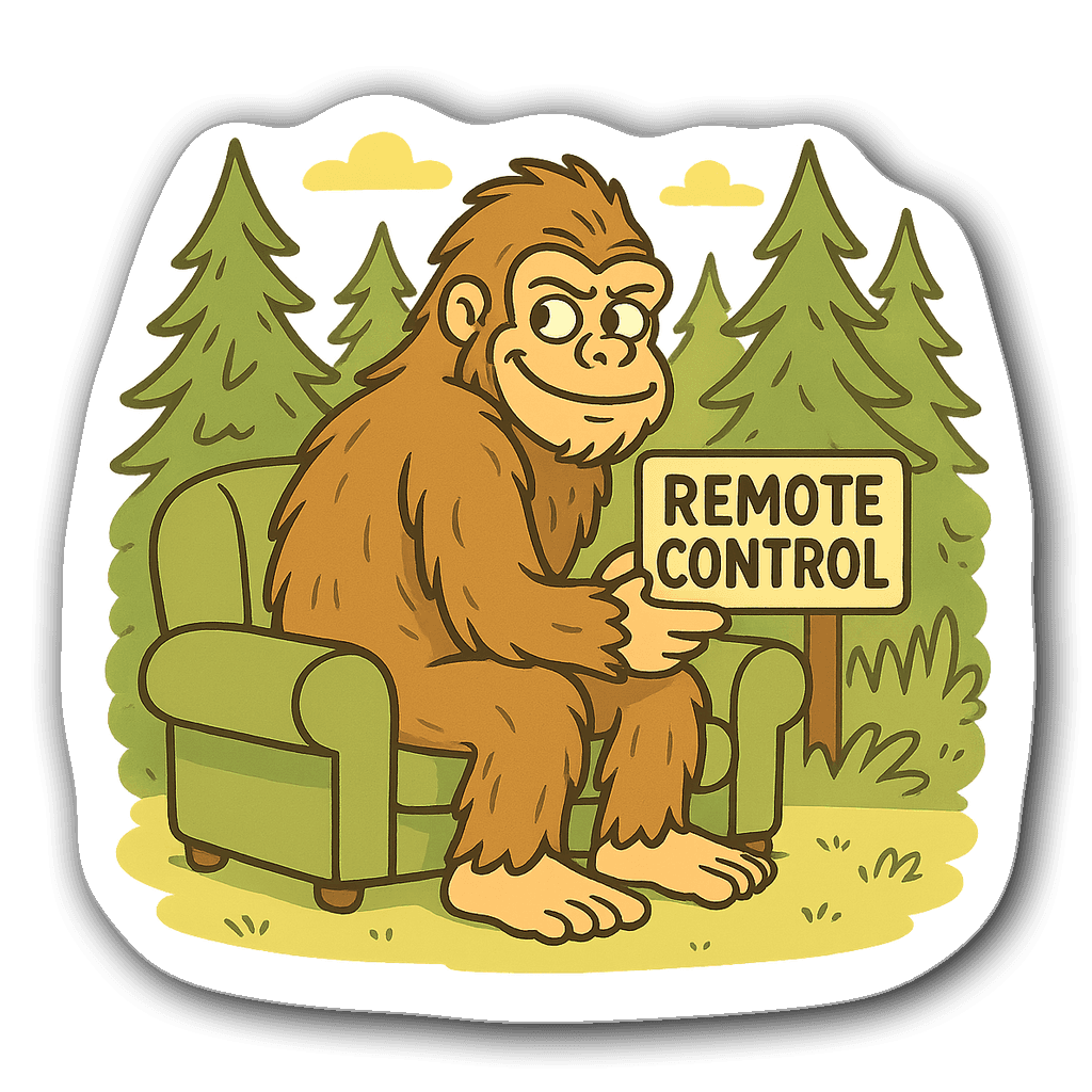 Mischievous Bigfoot holding a Remote Control on a couch