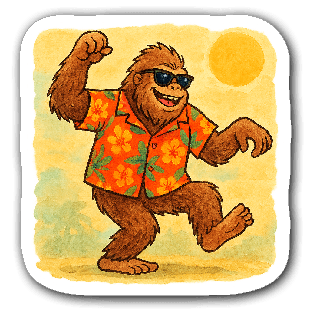 Bigfoot wearing Hawaiian shirt and sunglasses, dancing joyfully