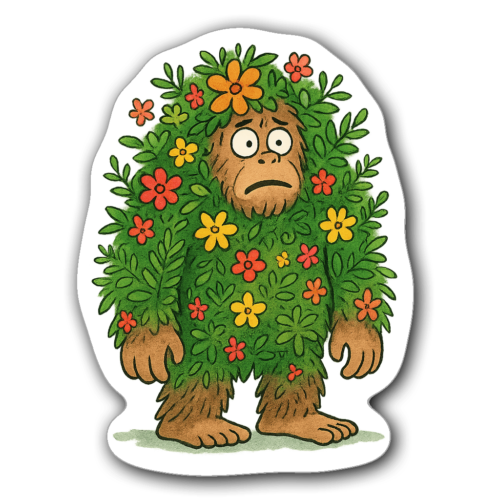 Bigfoot sticker illustrated in soft watercolor surrounded by flowers