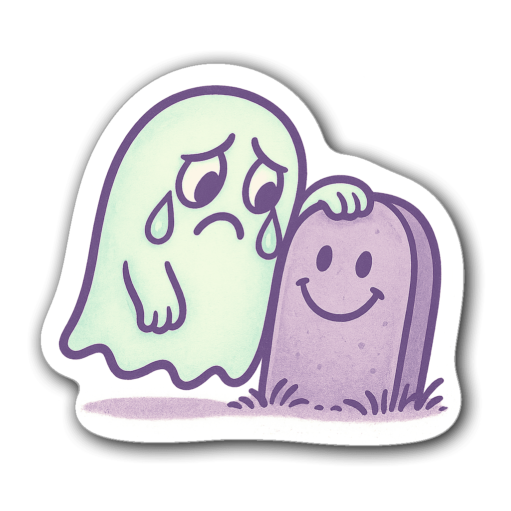 Sad-looking cartoon ghost with teardrops leaning on a tombstone