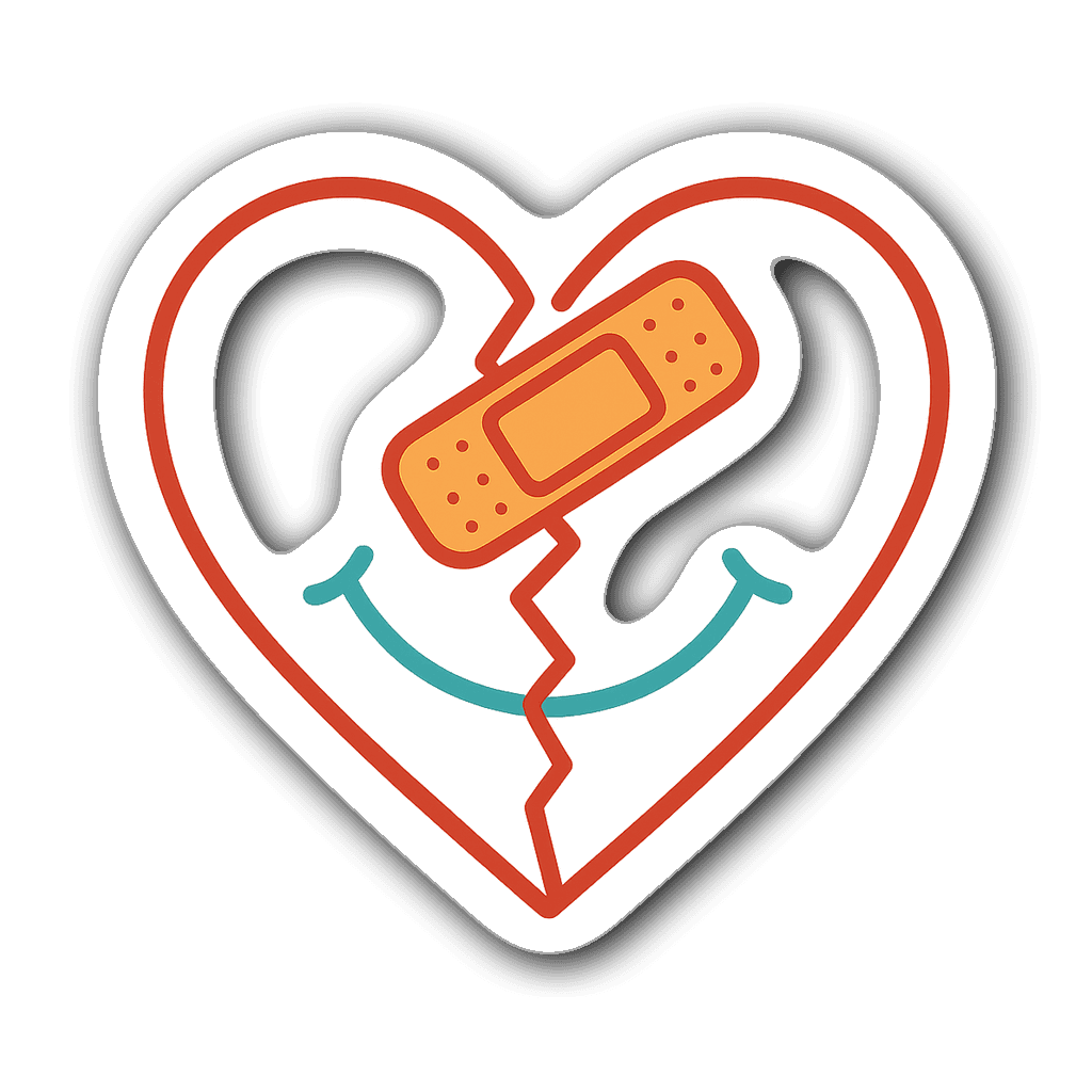 Sarcastic sticker of a broken heart with a band-aid and smile