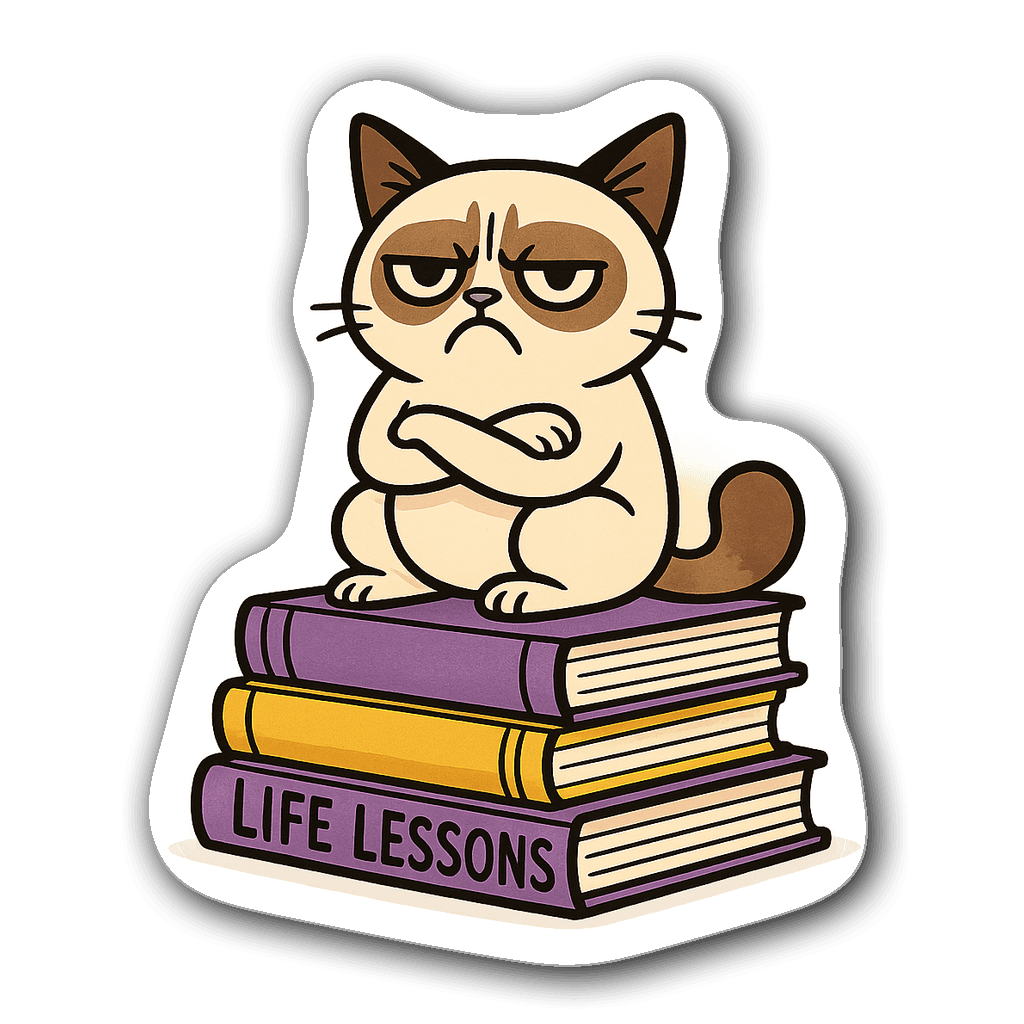 Minimalist grumpy cat outline with books titled 'Life Lessons'