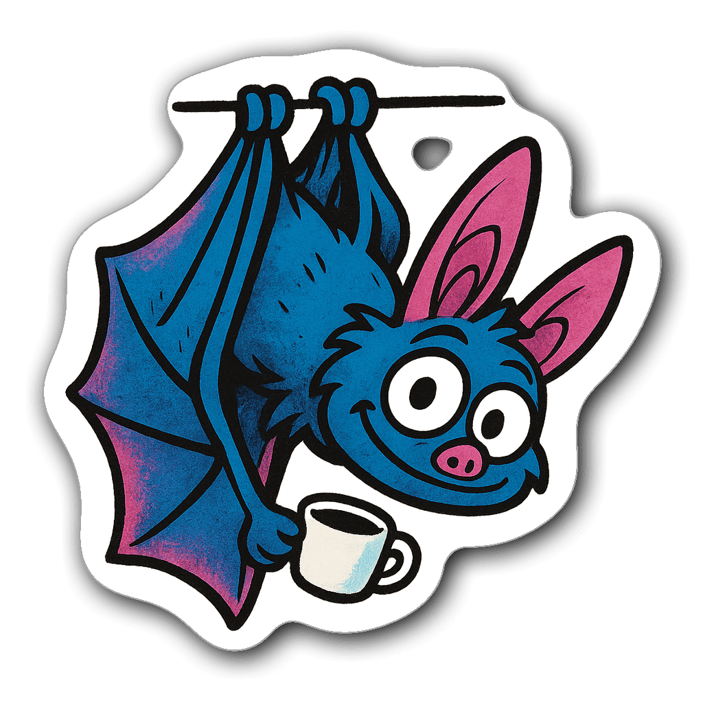 Quirky bat hanging upside down with coffee cup