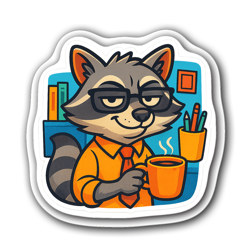 Cartoon raccoon wearing a tie and glasses, sipping coffee.