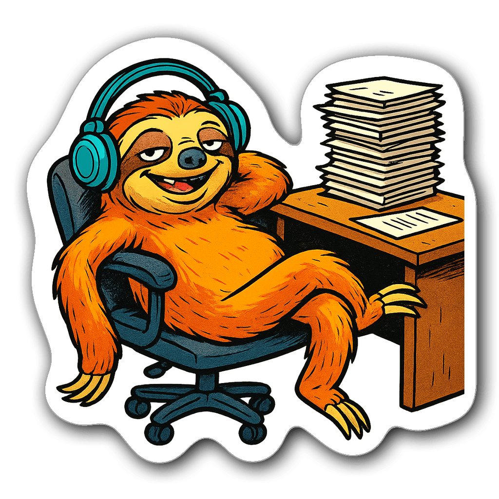 Comic-style sloth lounging in office chair with headphones