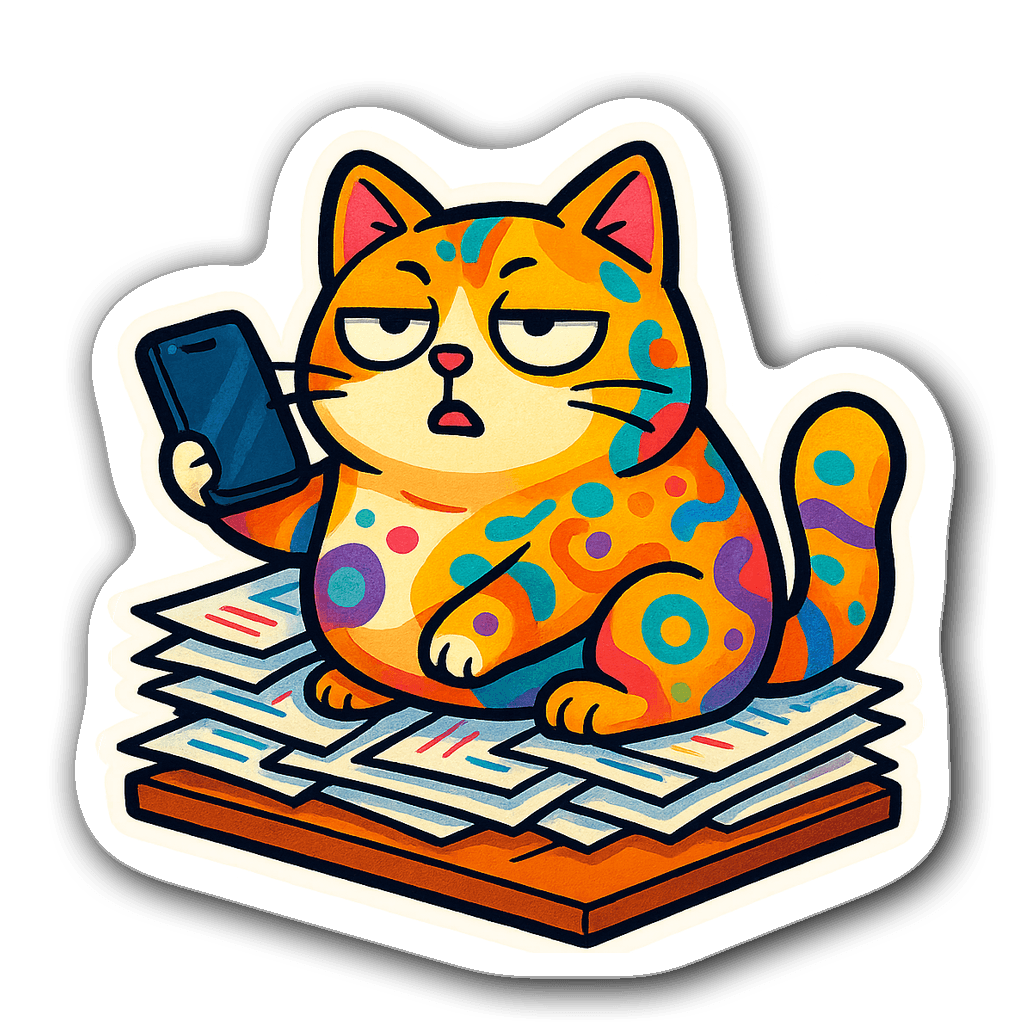Chubby cat rolling its eyes on papers, comic pop art style
