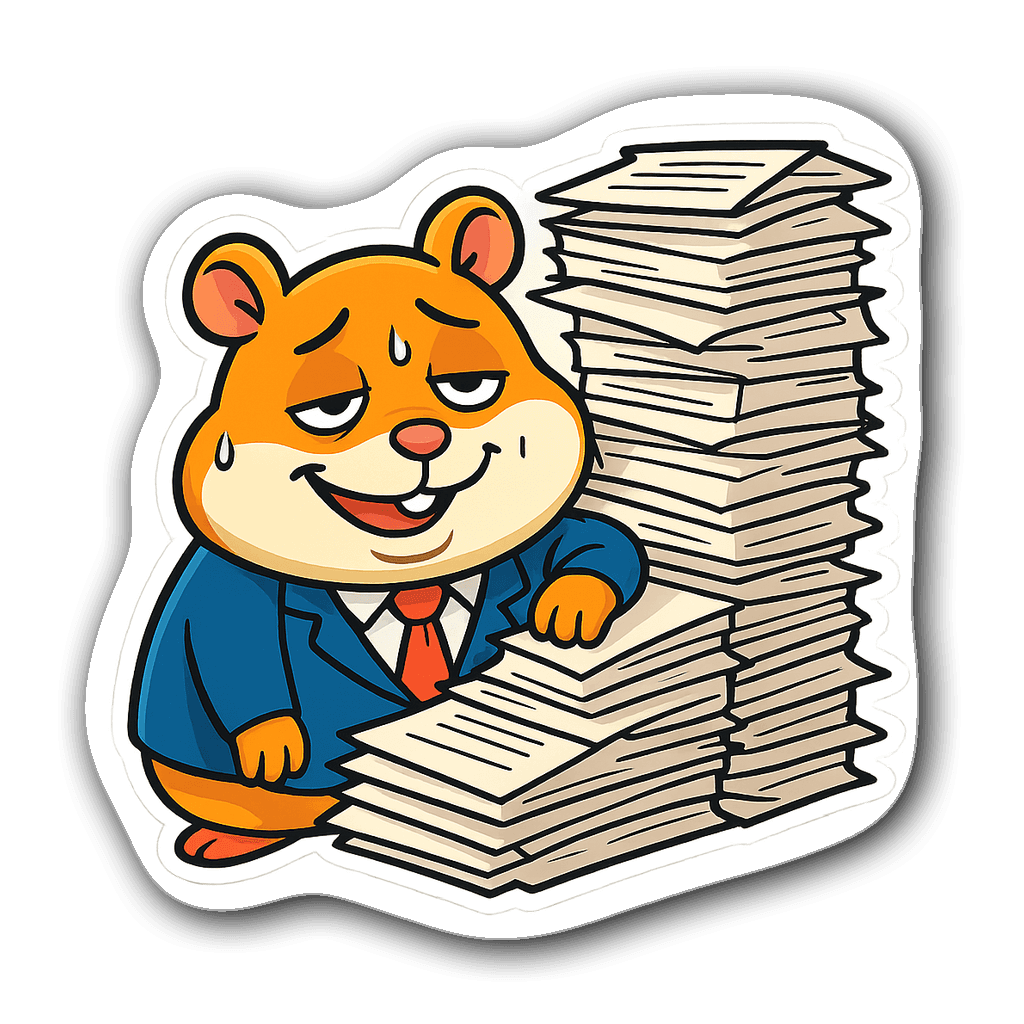 Exhausted cartoon hamster in business suit with papers
