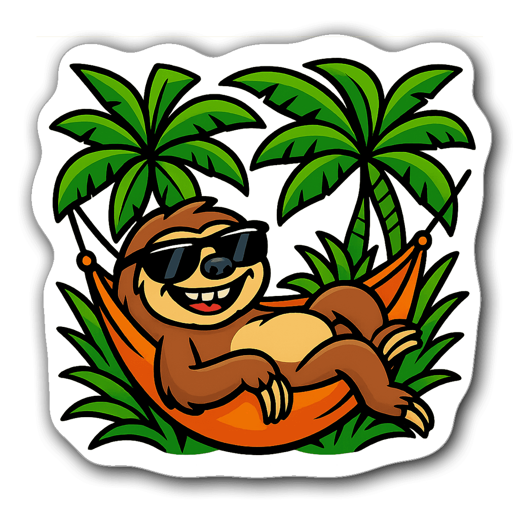 Cartoon sloth in hammock wearing sunglasses with palm leaves