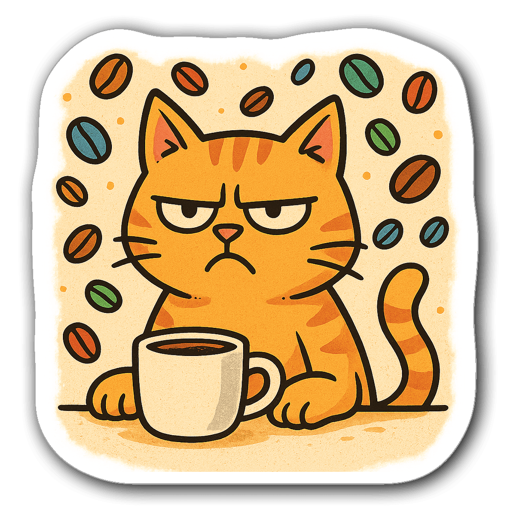 Comical cat sitting with coffee cup surrounded by coffee beans