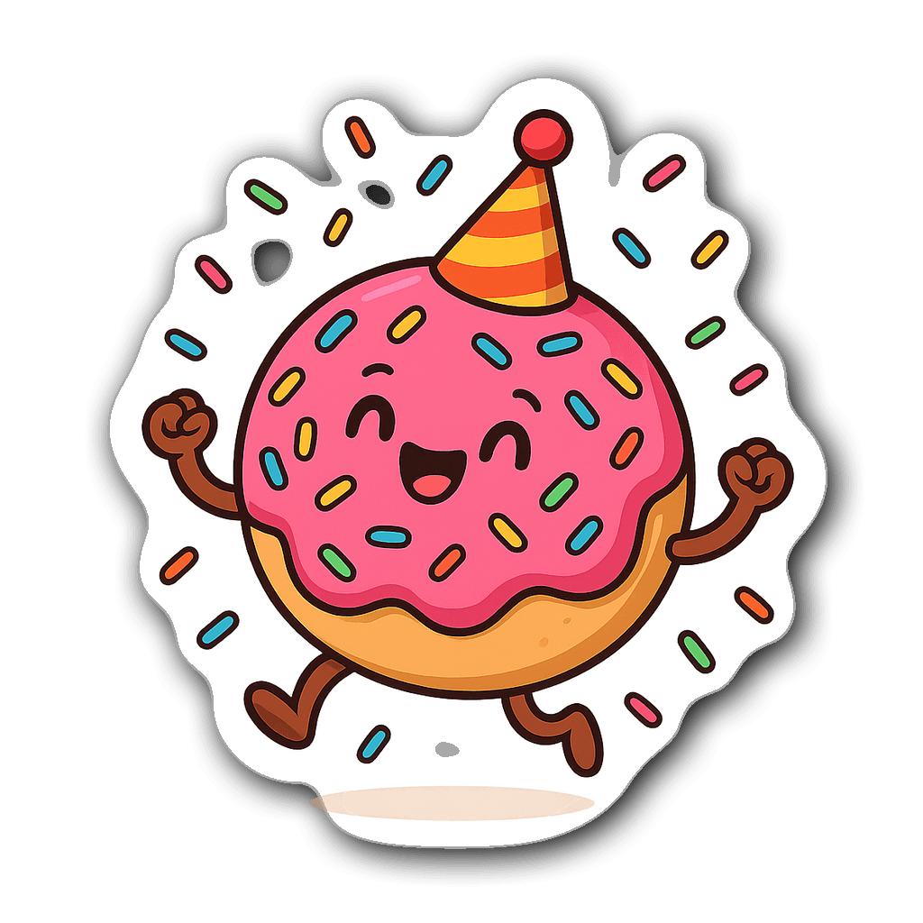 Whimsical donut character wearing a party hat with sprinkles