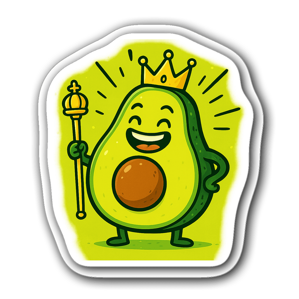 Funny animated avocado sticker with crown and scepter