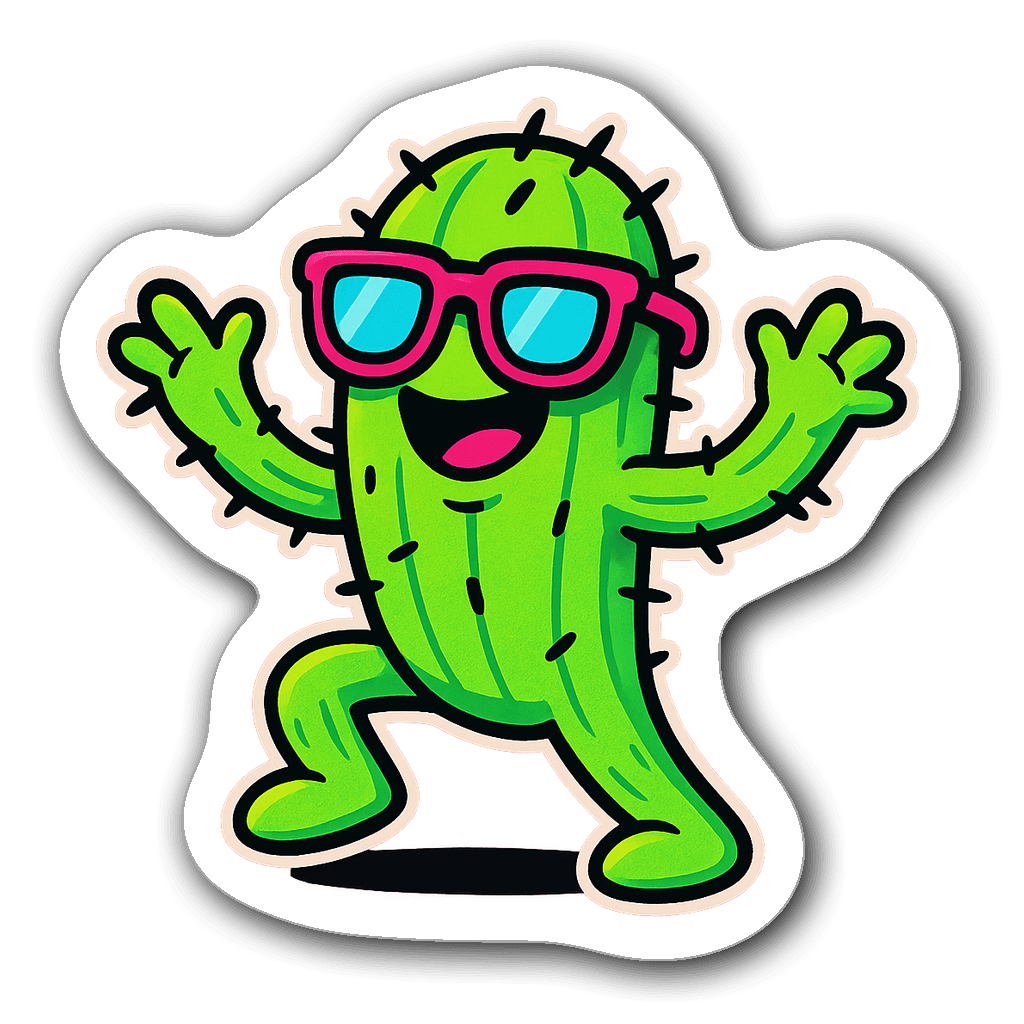 Funny anthropomorphic cactus in sunglasses cartoon sticker
