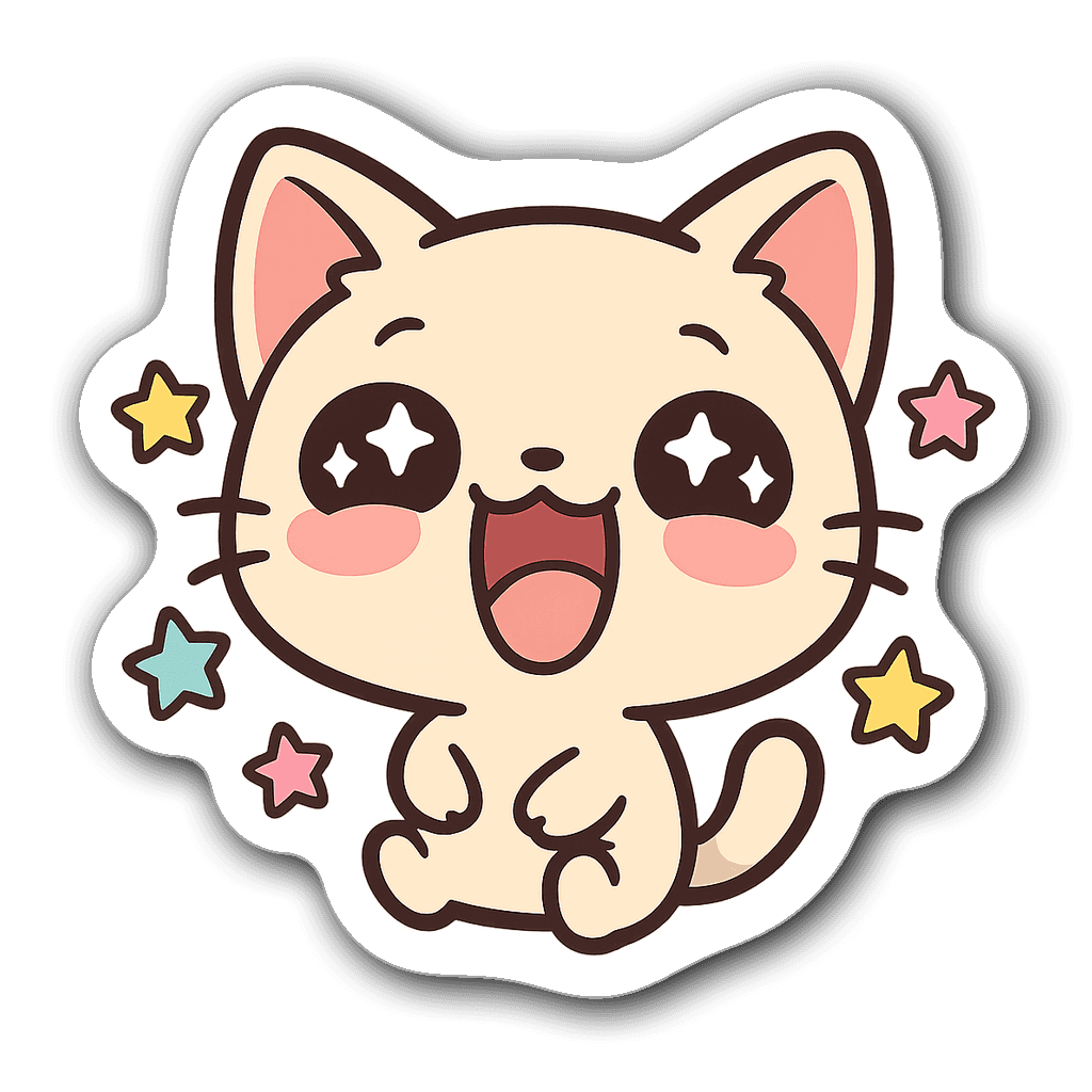 Kawaii chibi laughing cat meme with big eyes and stars