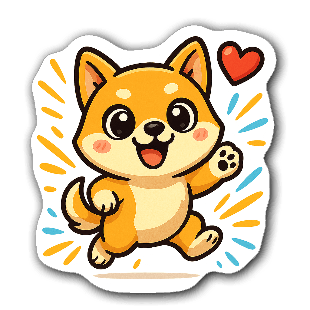 Excited chibi dog meme sticker with oversized eyes and heart