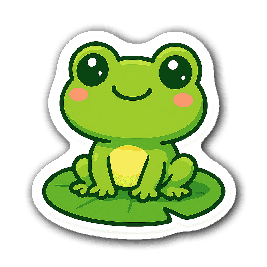 Happy frog kawaii chibi sticker sitting on a lily pad