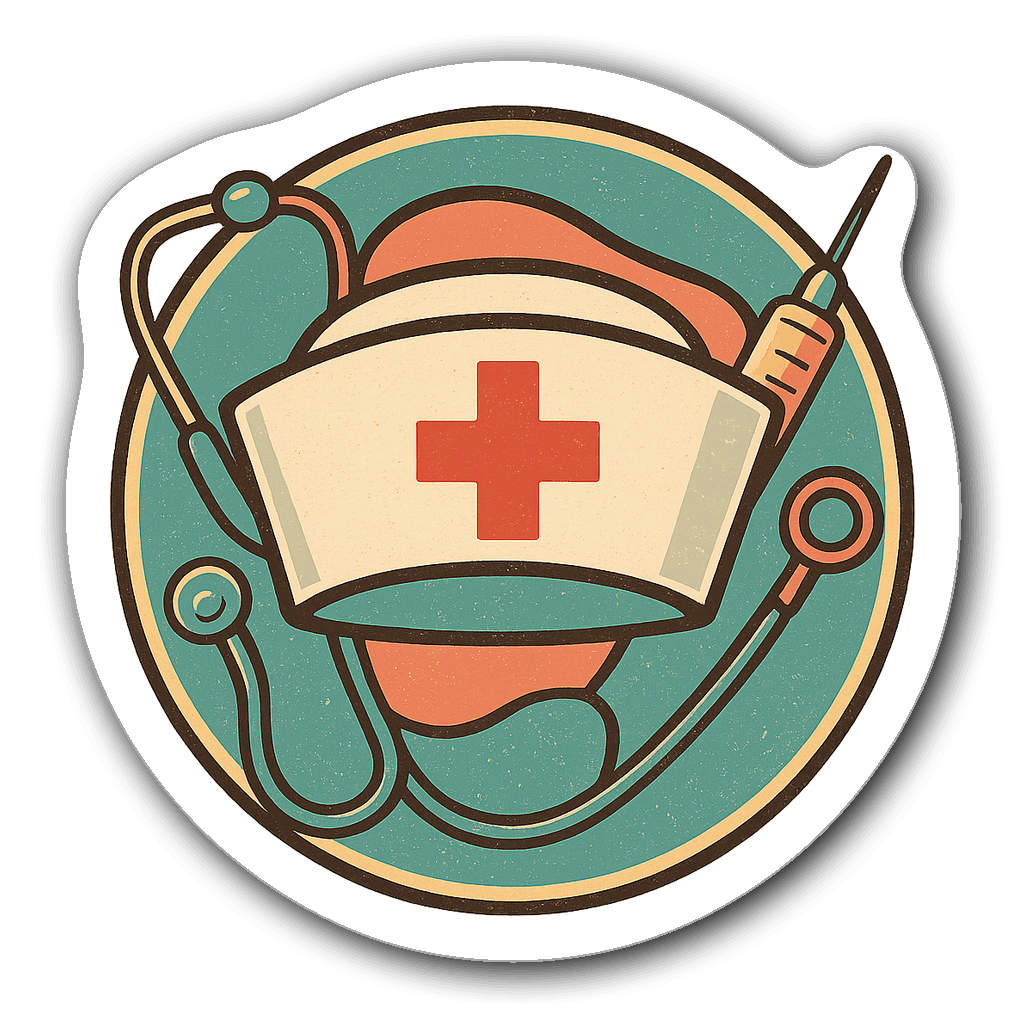 Vintage nurse badge with cap and medical tools in pastel