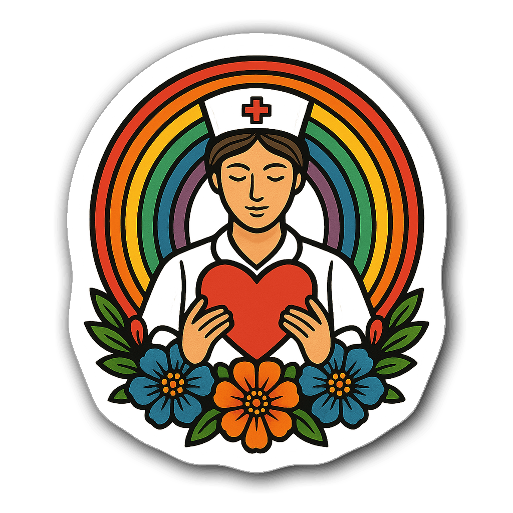 Retro vintage badge emblem sticker of a nurse holding a heart with rainbow halo