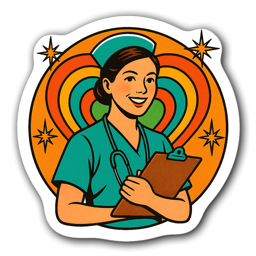 Retro badge sticker of a nurse smiling with a clipboard and hearts