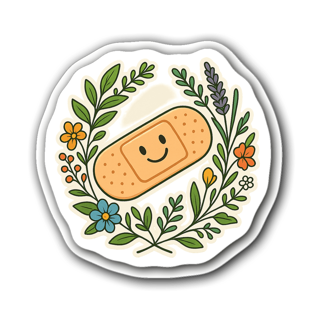 Retro nurse vinyl sticker featuring a band-aid and medical plants