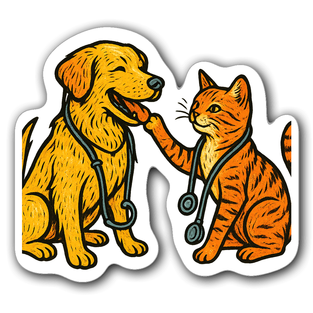 Playful dog and cat duo with stethoscopes in linocut style