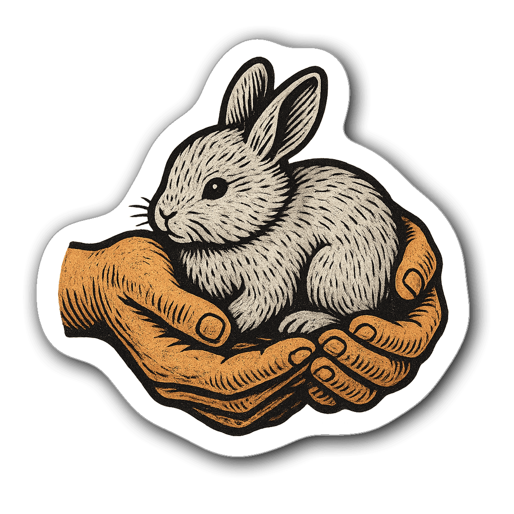 Vinyl sticker of a veterinary technician cradling a bunny in warm colors
