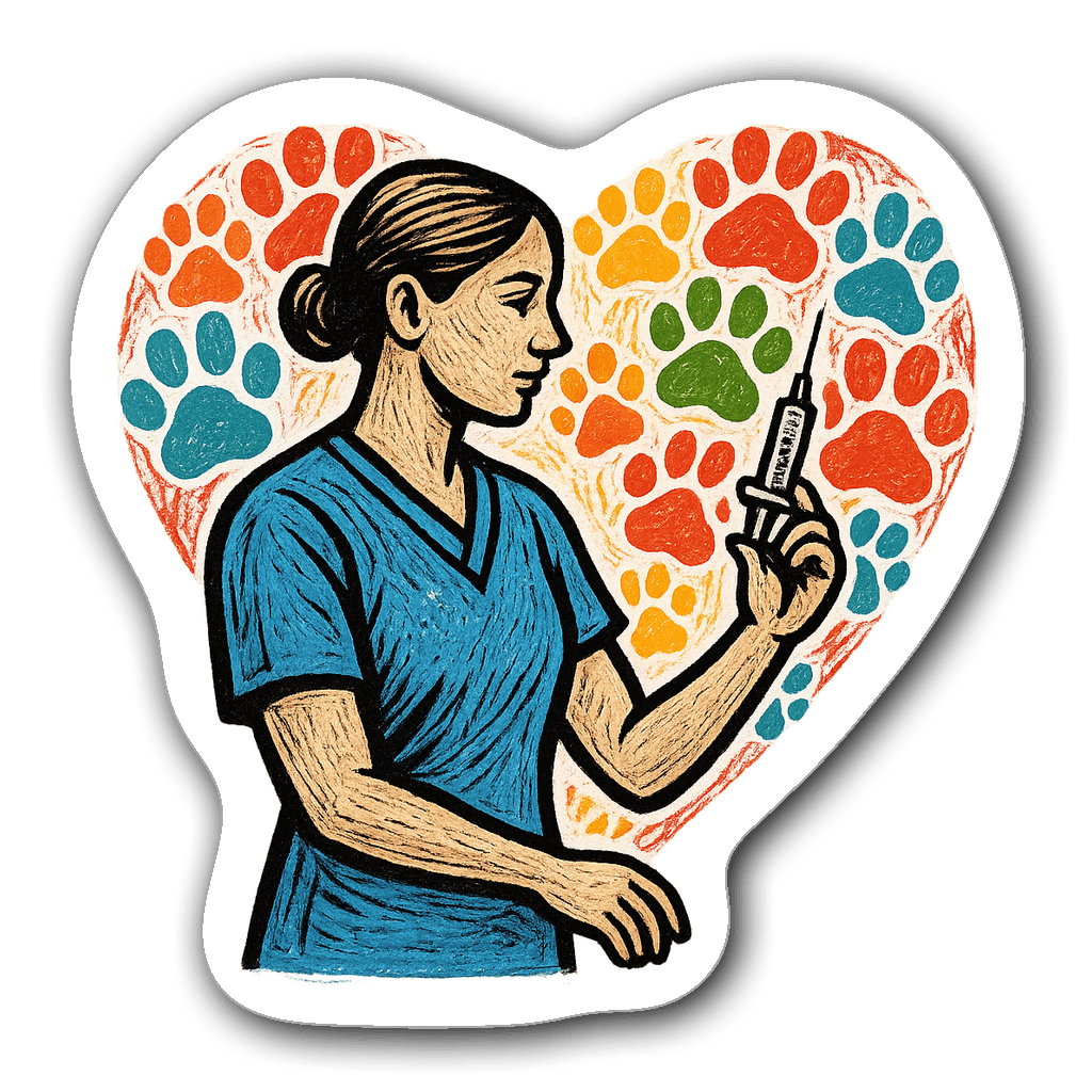 Artistic sticker of a veterinary nurse with a heart made of paw prints
