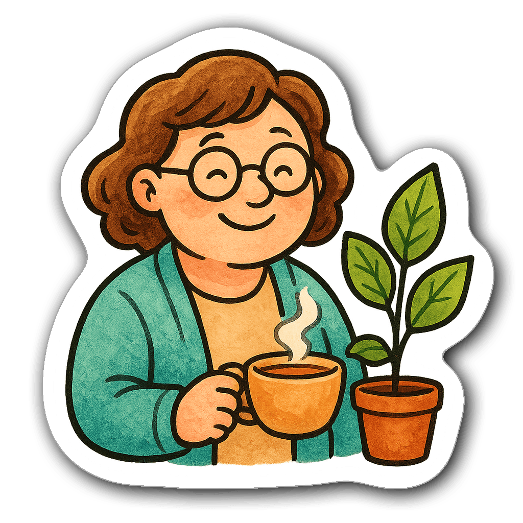 Watercolor sticker of a friendly therapist with glasses and tea