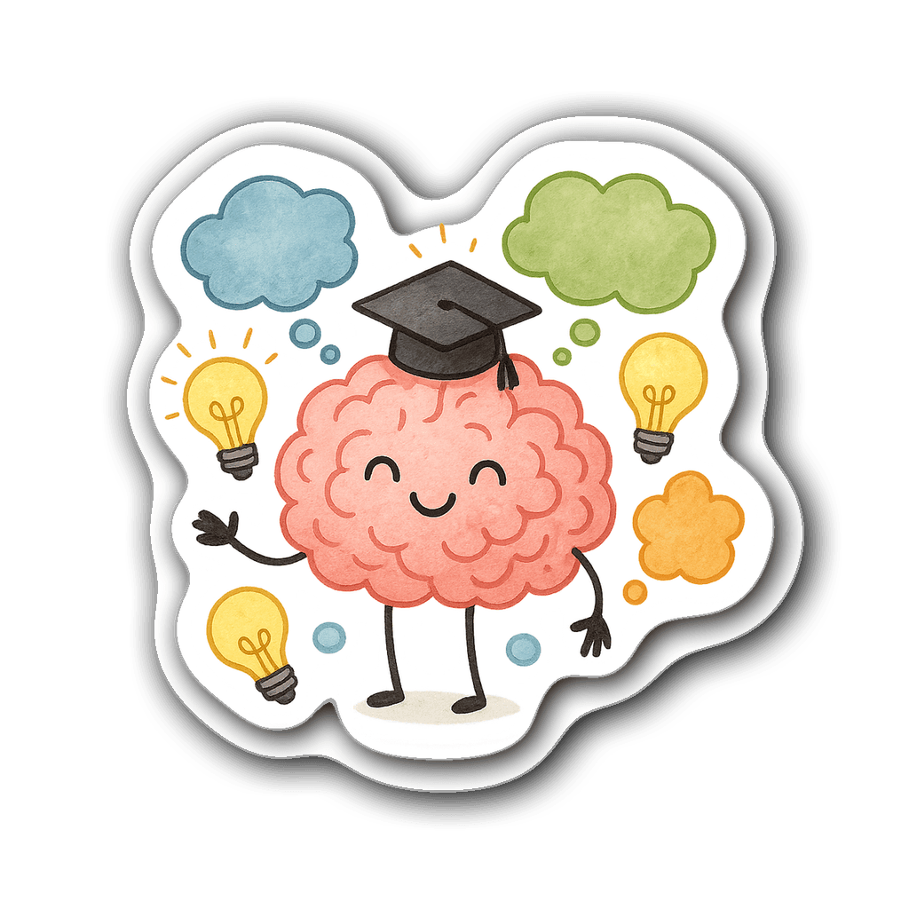 Whimsical watercolor therapist sticker with brain and lightbulbs