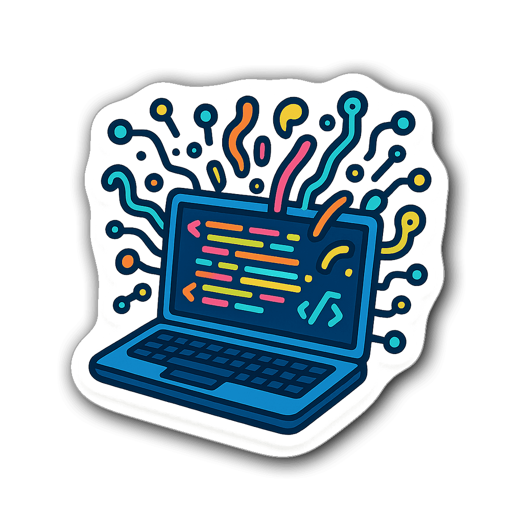 Vibrant sticker of a laptop with colorful code snippets