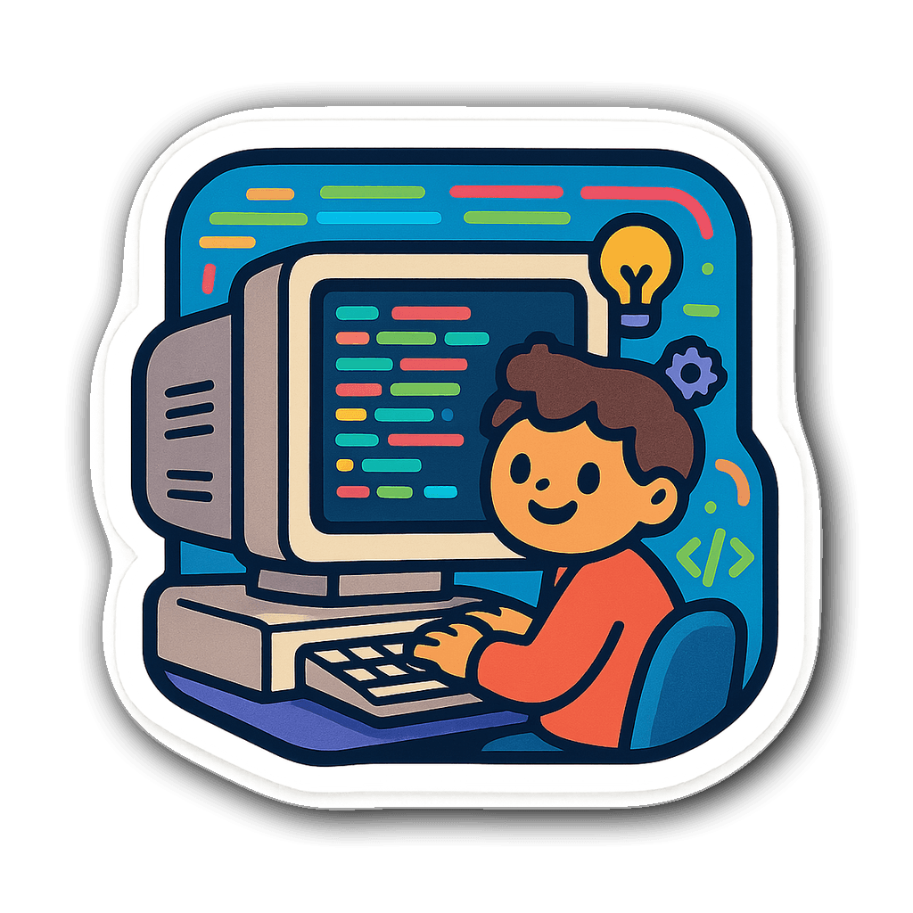 Cute animated character typing on retro computer monitor with code