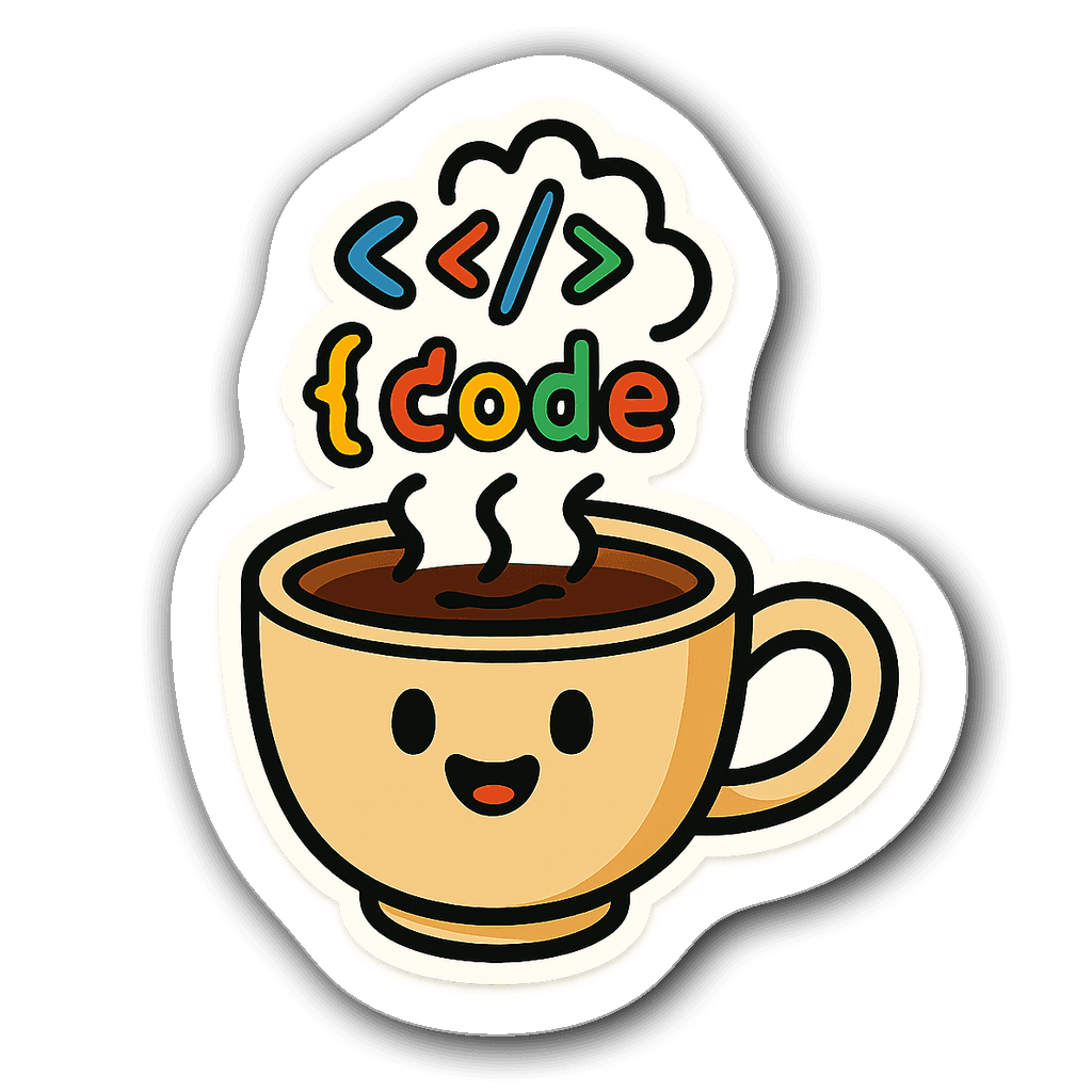 Cartoon coffee cup with steam forming colorful code
