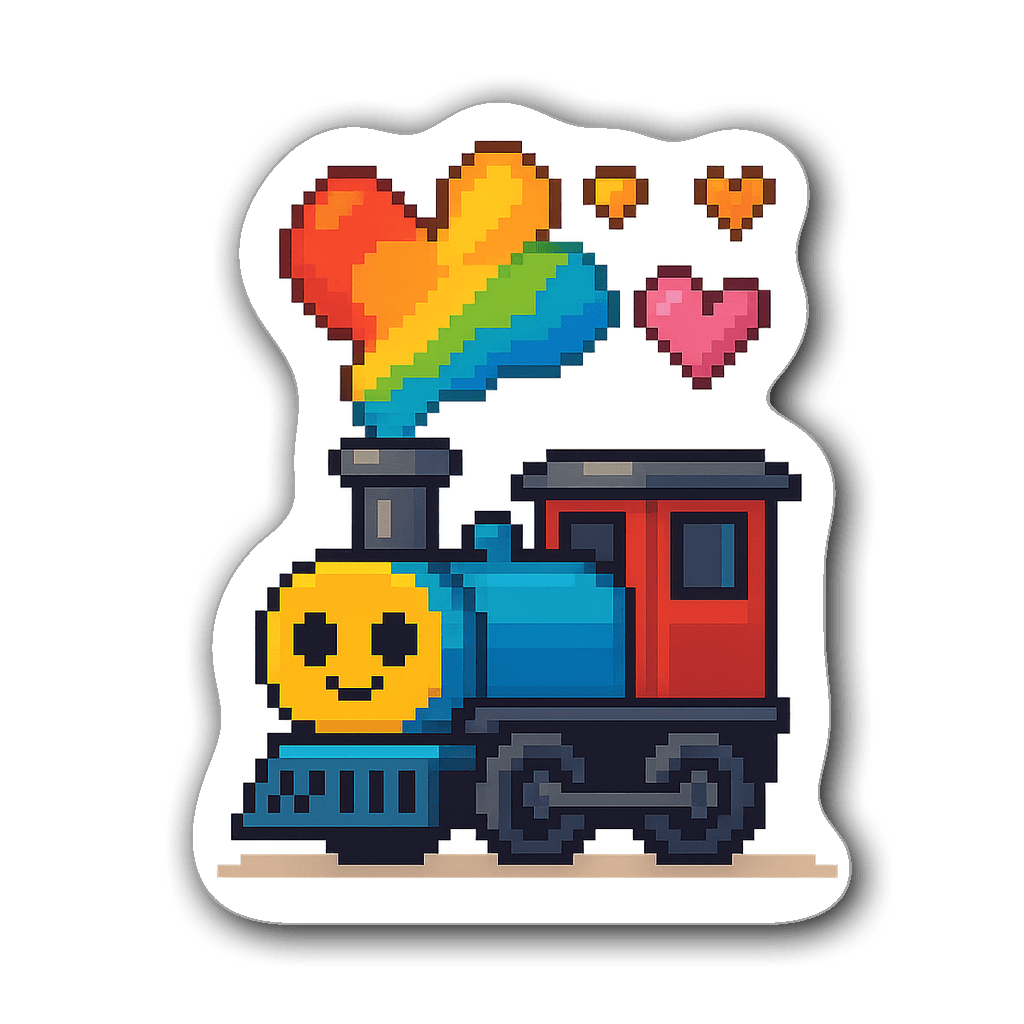 A cute pixel art engine sticker with smiley eyes and colorful exhaust