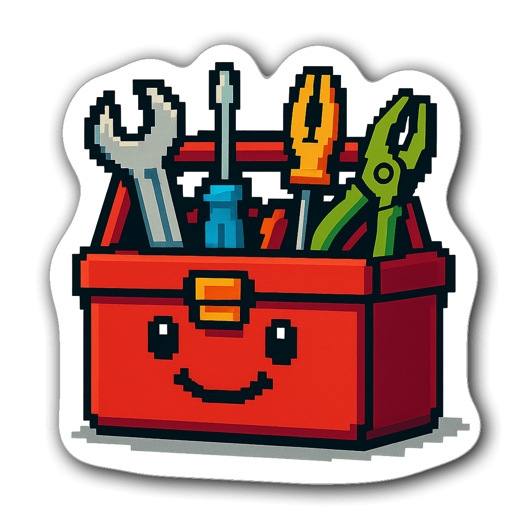 Pixel art mechanic toolbox with colorful tools and a smile