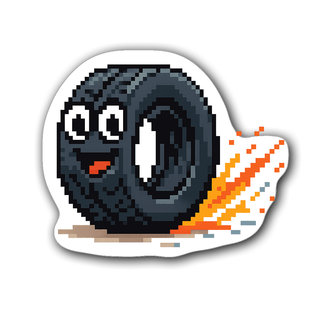 Pixel art mechanic tire sticker with happy eyes and sparks