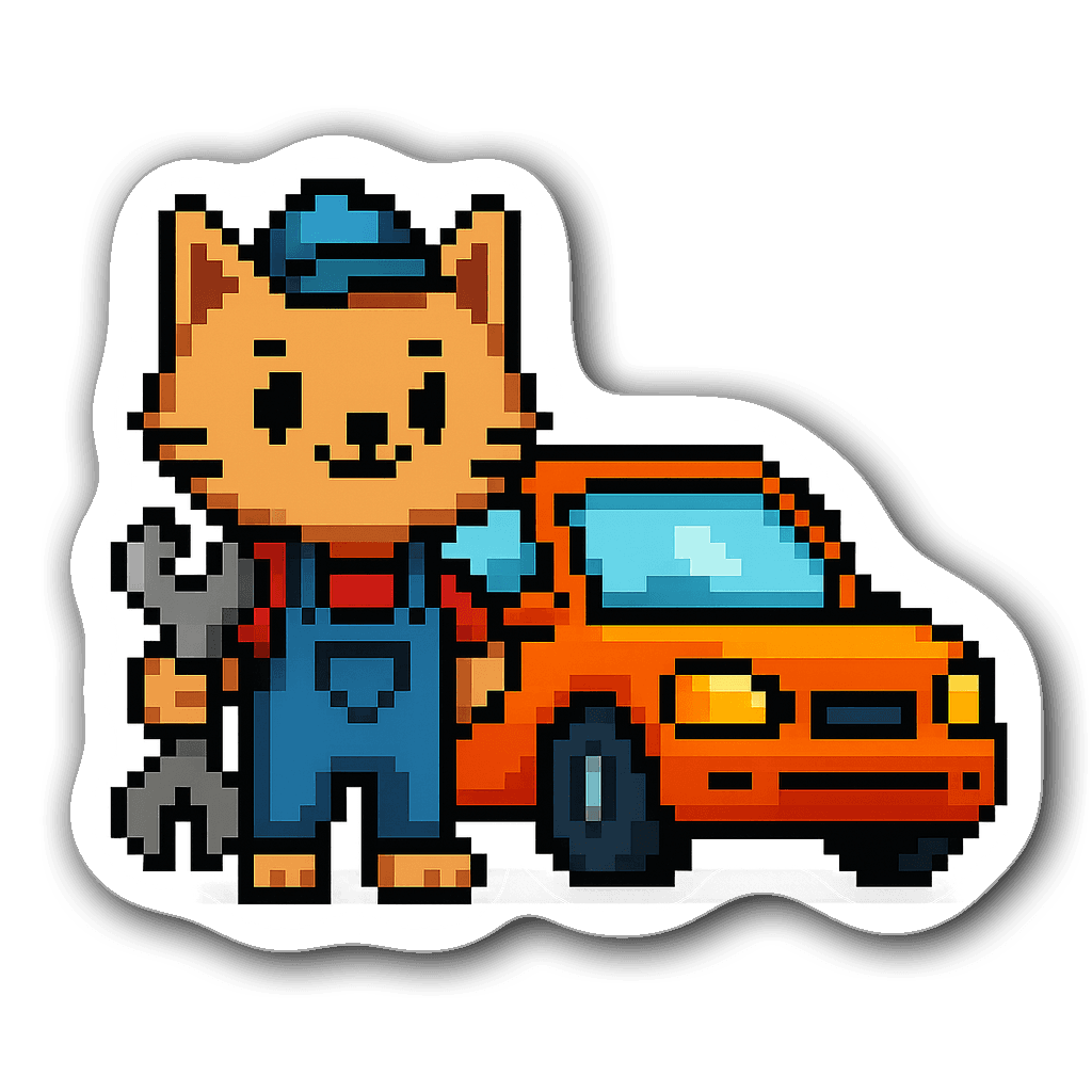 Pixel art sticker of a mechanic cat with a wrench next to a car