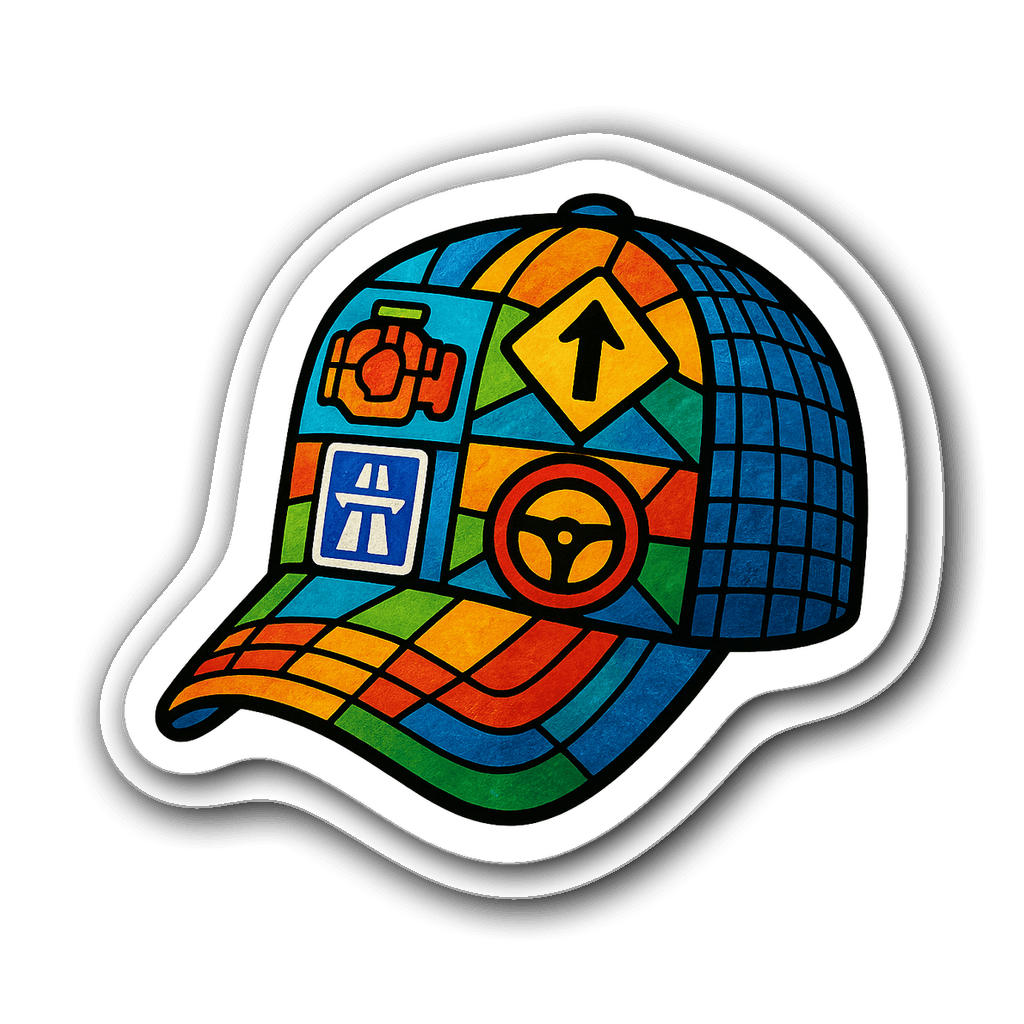Stained glass style sticker of a trucker's cap with patches