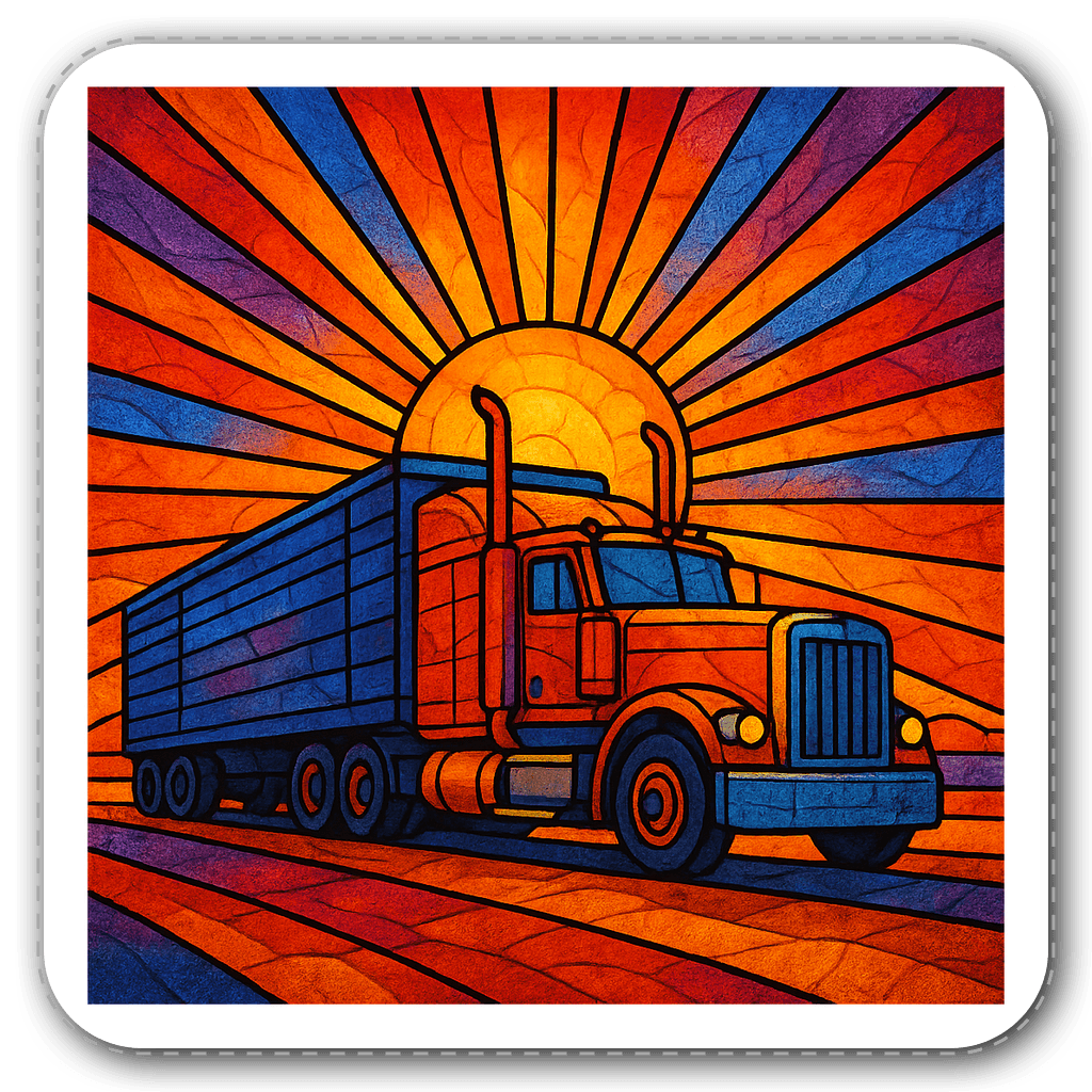 Stained glass style vinyl sticker of a semi-truck at sunset