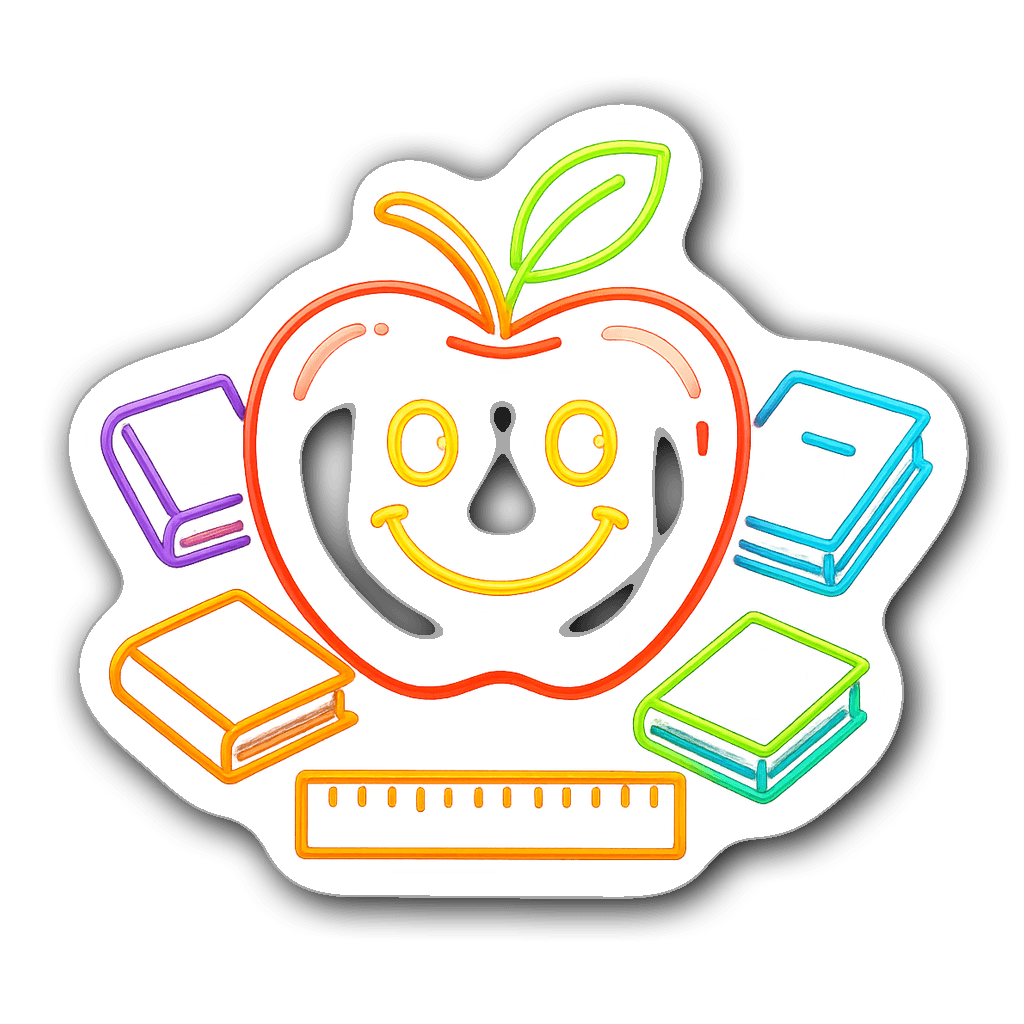Neon glow apple sticker surrounded by colorful books and a ruler