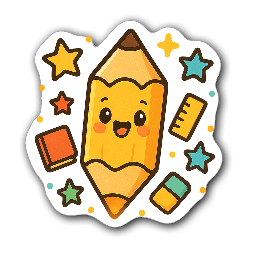 Cute glowing pencil character sticker surrounded by stars