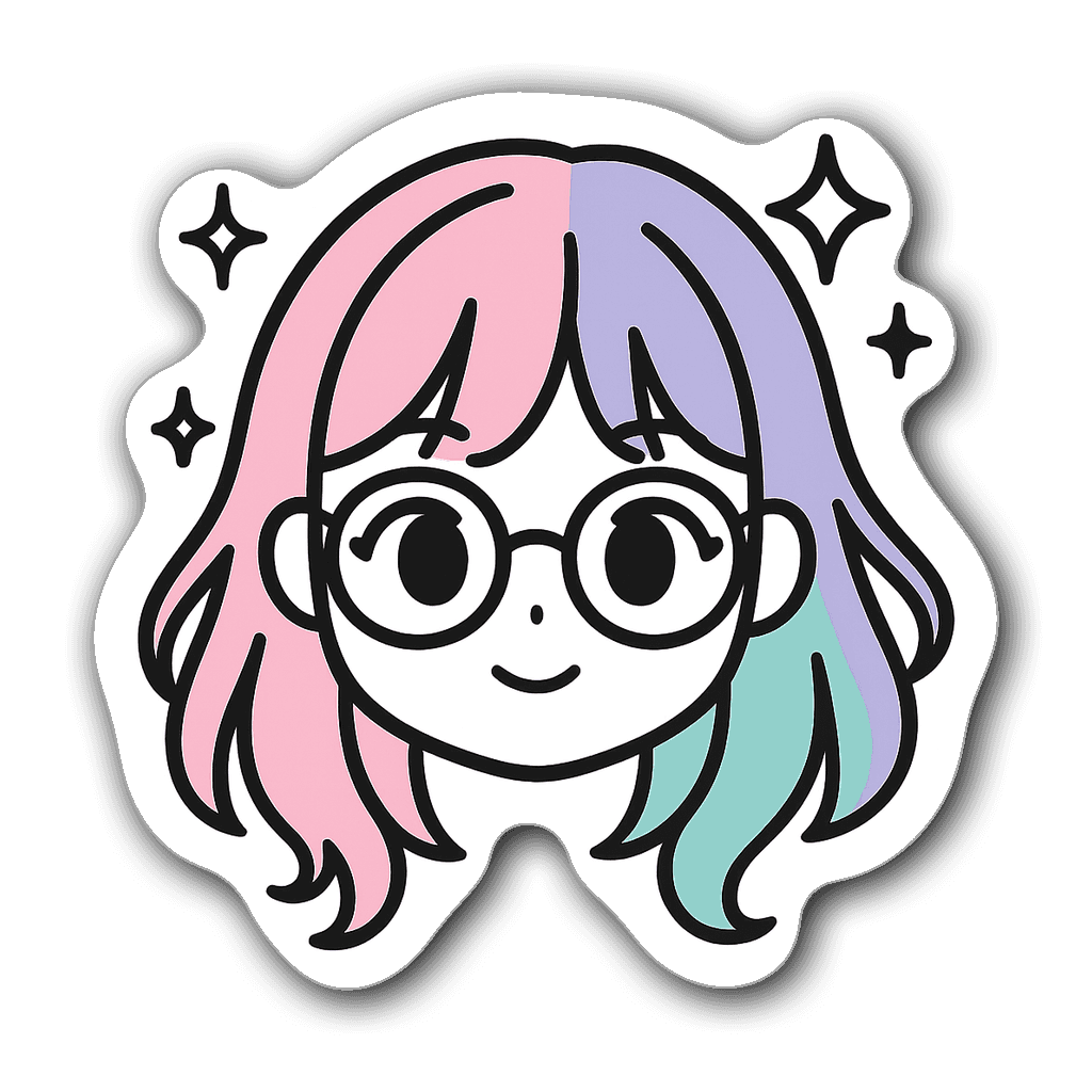 Minimalist anime girl with oversized glasses and pastel hair sticker