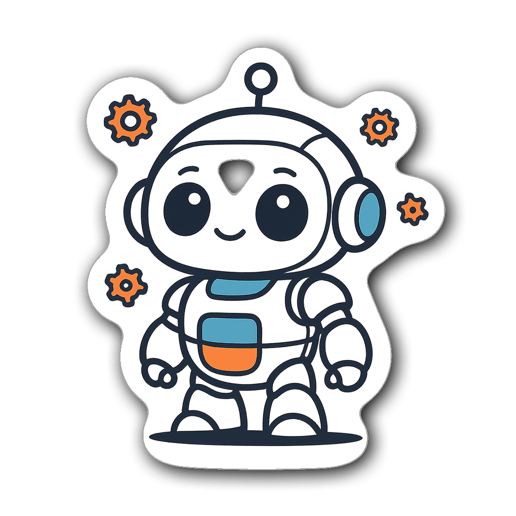 Chibi robot sticker with large eyes and floating gears