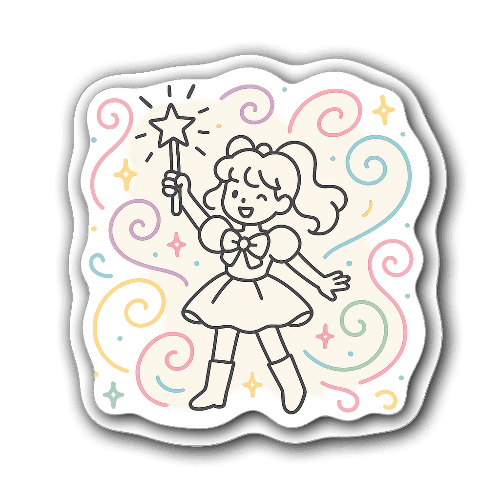 Minimalist line art of a magical girl holding a wand with sparkles