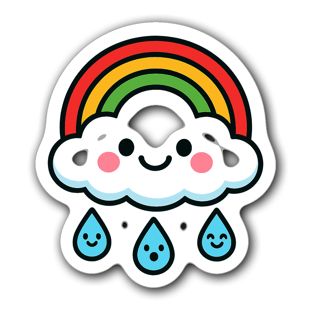 Kawaii sticker pack featuring a happy cloud with rainbow