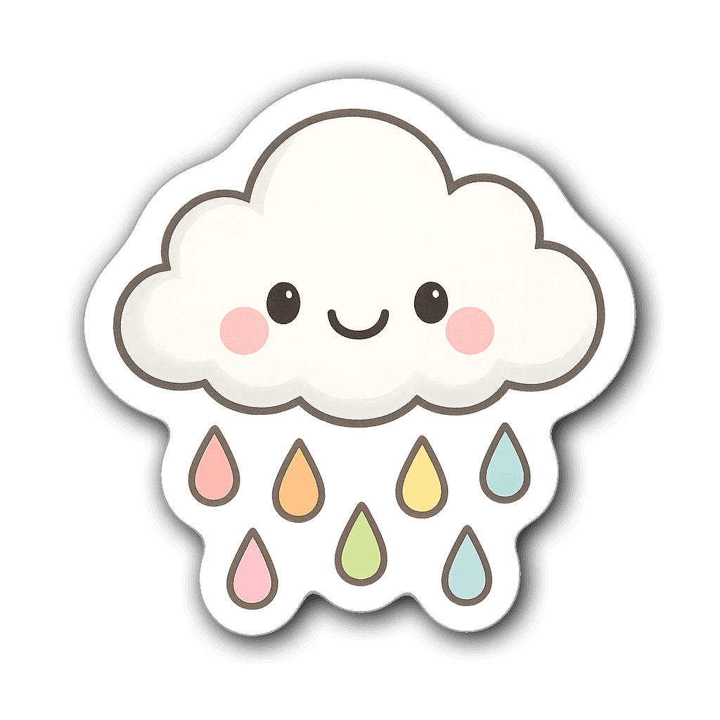 A smiling cartoon-style cloud with colorful raindrops, cute design