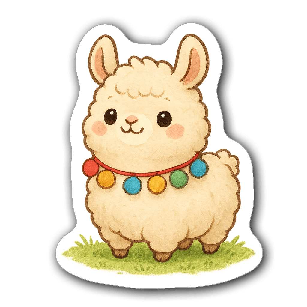 Chubby llama sticker with colorful tassels on a grassy patch