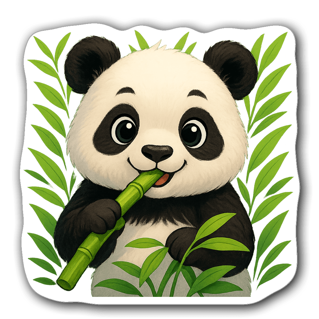 A cute panda munching on bamboo surrounded by green leaves