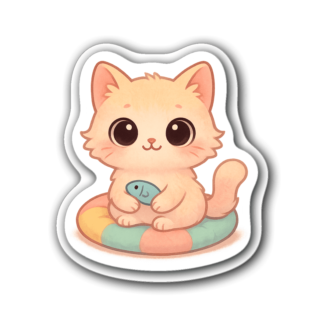 Cute kawaii fluffy cat with oversized eyes and a fish toy.