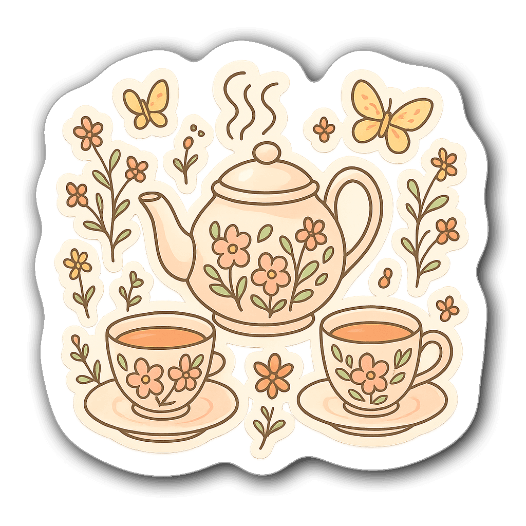 Die-cut sticker of a whimsical tea set with floral designs
