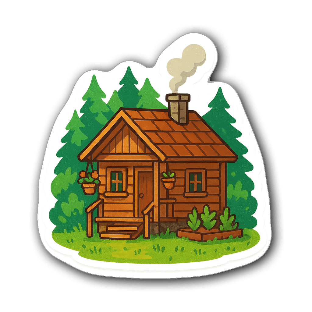 Cozy wooden cabin nestled in a lush forest with flowers